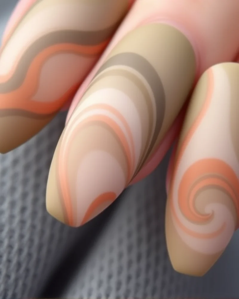 7 Viral Pucci Nails Trends You Need To Try This Season 7 Ballerina-shaped nails with a matte finish, showcasing swirling Pucci patterns in earthy olive, terracotta, and cream tones.