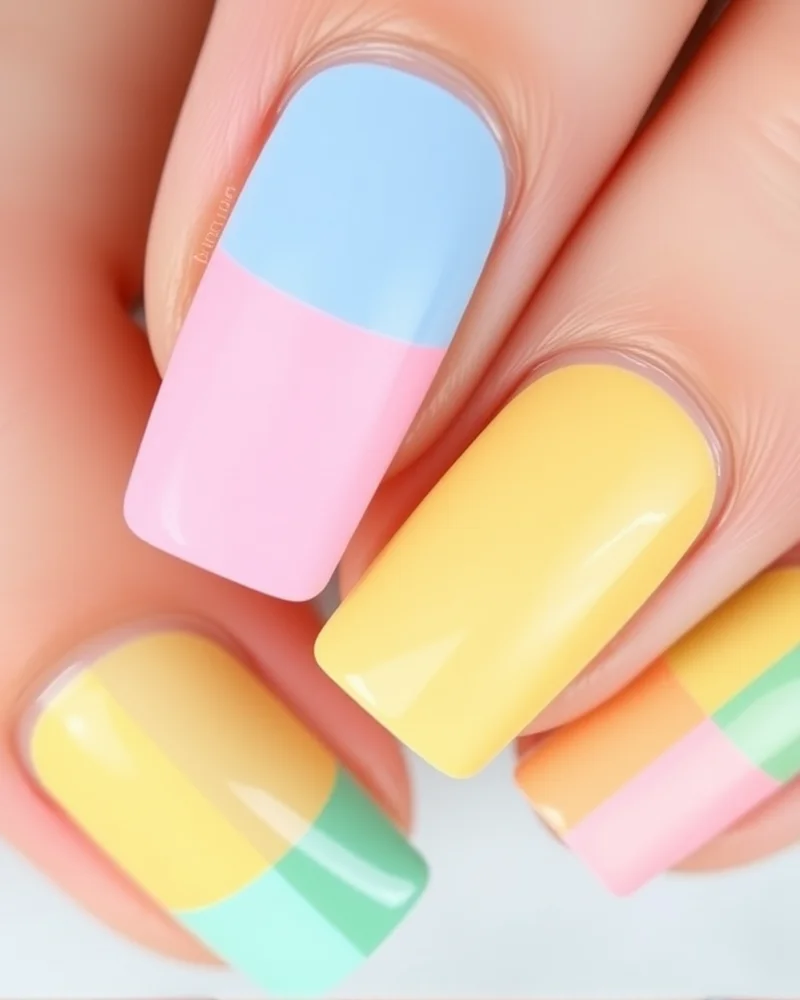 10 Dreamy Pastel Nail Designs You Need to Try This Season 7 Square nails showcasing a modern geometric color-block pattern with alternating pastel blue, pink, yellow, and green sections, separated by sharp lines.