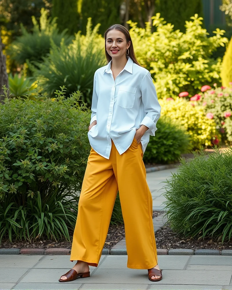 A woman wearing an oversized white button-down shirt tucked into vibrant mustard trousers, creating a chic spring silhouette.