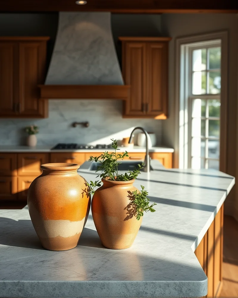 A modern kitchen island featuring a trio of aged, crackled terracotta pots holding fresh culinary herbs, contrasting against clean stone surfaces.