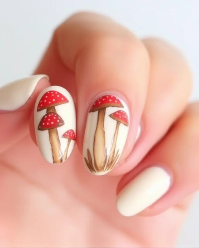 7 Dreamy Cottagecore Nail Designs That Will Define Your Aesthetic This Season 7 Almond-shaped nails featuring tiny, hand-painted forest mushrooms on a neutral background.