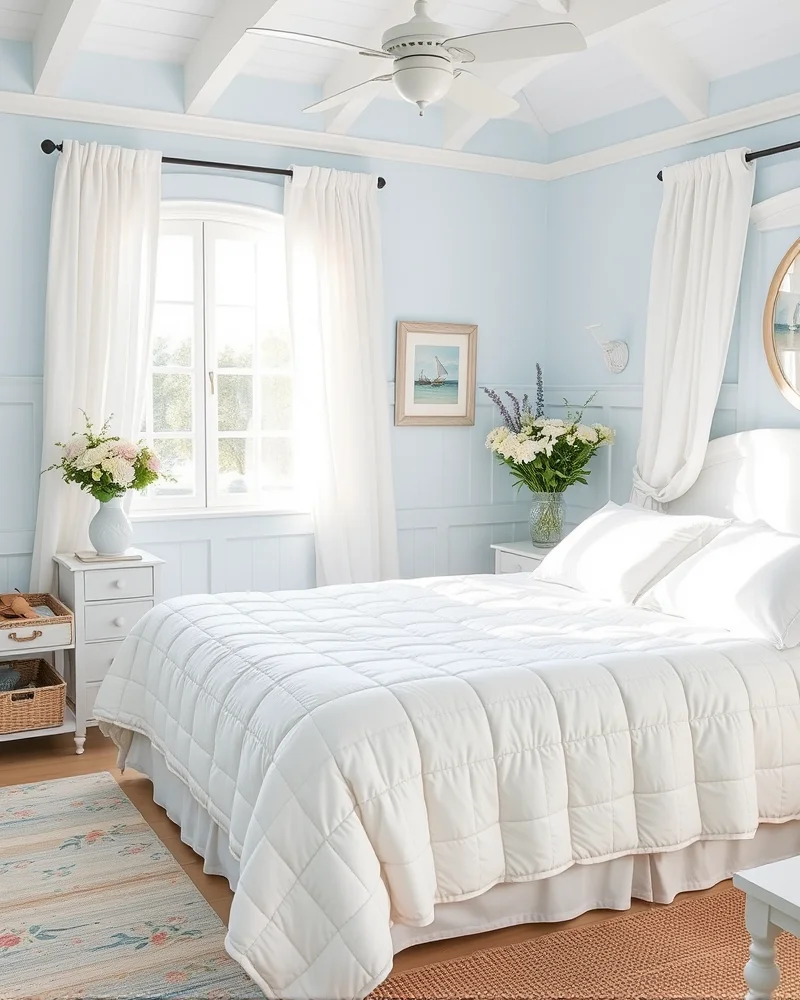 A bright, airy bedroom decorated in coastal colors with a clean white weighted blanket providing a fresh and organized look.