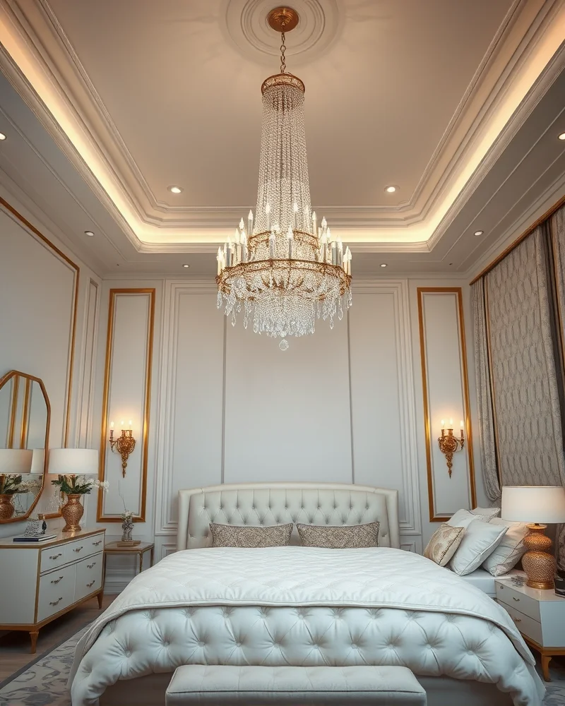 An elegant primary bedroom featuring a dimmable central crystal chandelier casting a soft, romantic light.