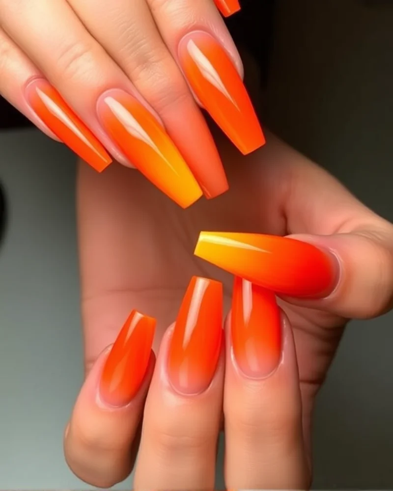 7 Viral Aura Nail Art Ideas That Will Elevate Your Manicure Game 7 Long almond nails showcasing a warm sunset gradient from deep orange to a bright yellow aura center.