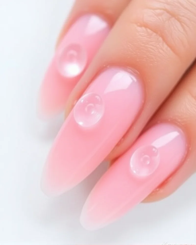 Almond nails in a soft pink jelly base, embellished with realistic 3D clear gel drops that look like morning dew on petals.