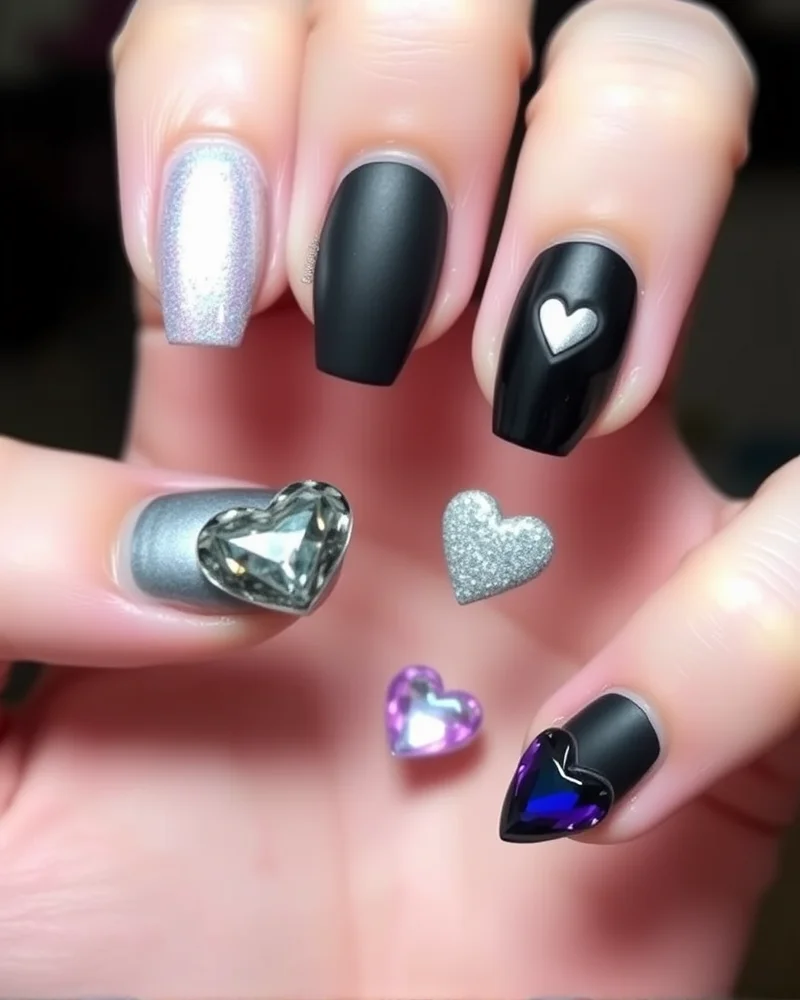 A mismatched nail art design featuring various heart styles, textures, and gems on each individual nail.