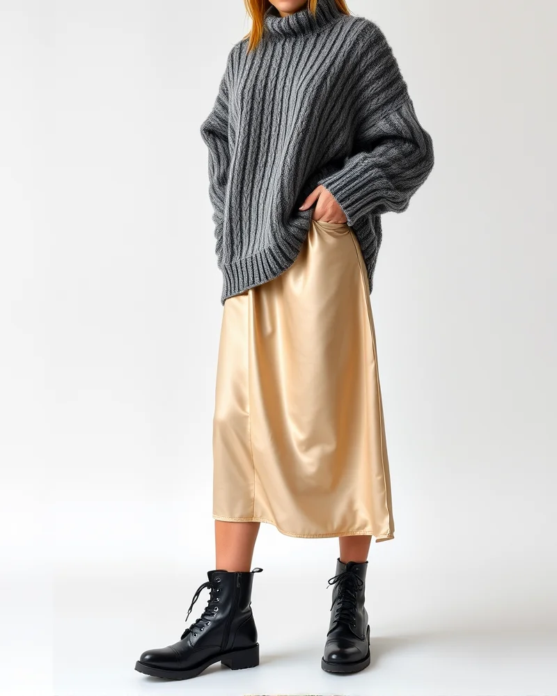 7 Viral Cold Weather Spring Outfits You Need to Copy Right Now 7 A woman wearing a chunky grey knit sweater paired with a champagne satin skirt and combat boots, blending cozy and delicate textures.