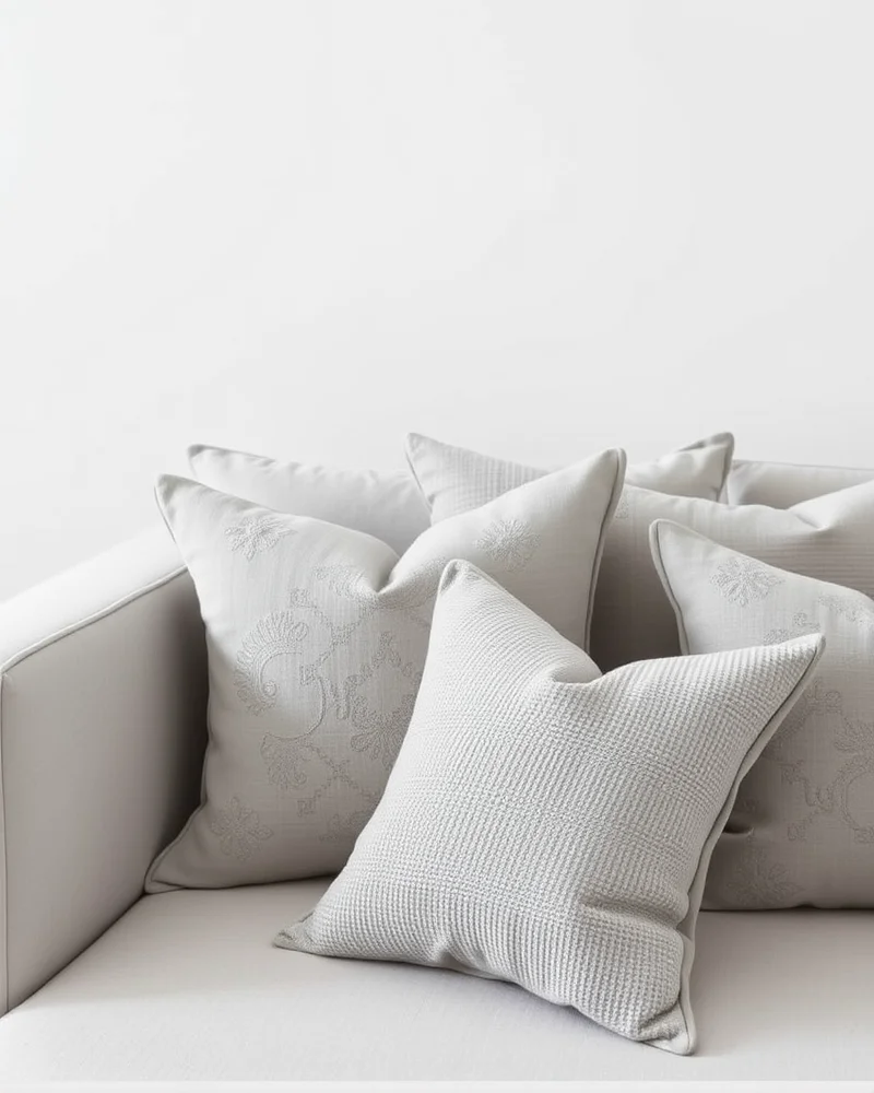 7 Viral Throw Pillow Combinations to Instantly Elevate Your Living Room 7 A minimalist living room with a grey sofa and grey pillows of varying weaves and textures, creating depth without bold colors.