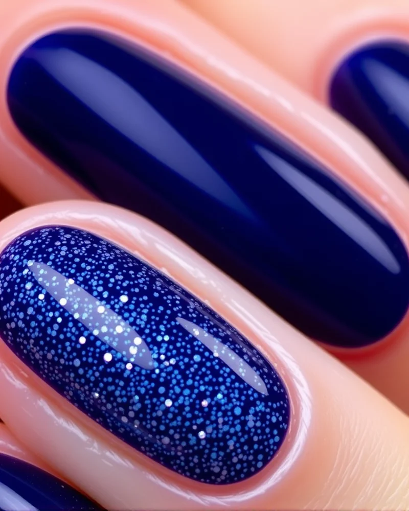 Oval nails with a deep sapphire blue base filled with holographic silver glitter, looking like precious stones.
