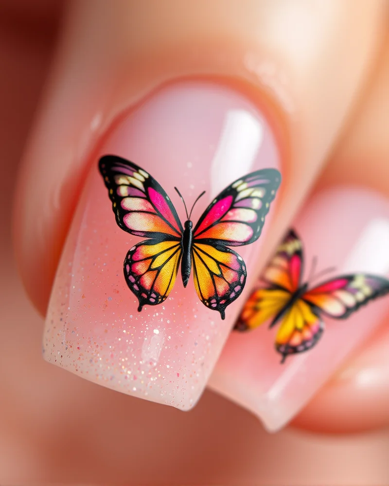 Short, natural-shaped nails with a shimmering glitter base, featuring encapsulated, multi-colored butterfly wing art.