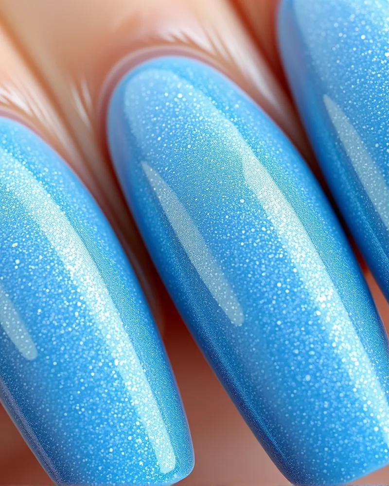 Almond-shaped nails featuring a magnetic velvet finish with a subtle chrome top layer, shimmering in blue tones.