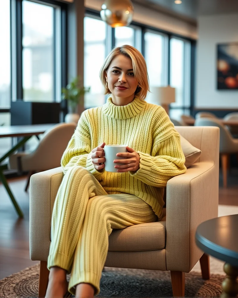7 Viral Yoshi Costume Outfit Ideas for High-Fashion Street Style 7 A woman wearing a lime-green knit lounge set, portraying a comfortable yet stylish take on the character's signature color.