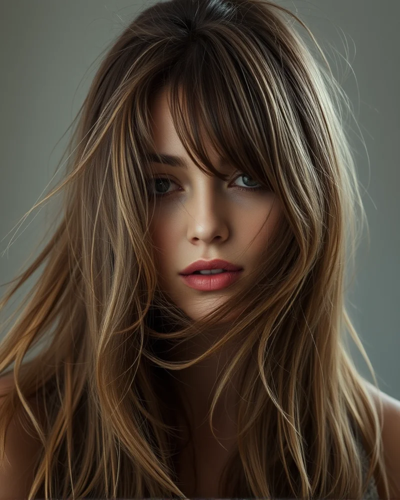 7 Viral Reasons Why Mushroom Brown Hair Is The Ultimate Fall Upgrade 7 A woman with layered mushroom brown hair styled in soft, wind-blown waves, showcasing the dimension of the color throughout the layers.
