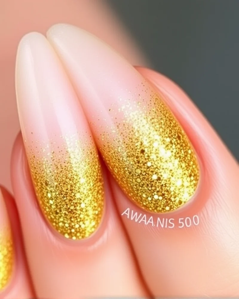 7 Viral Negative Space Nail Art Hacks You Need to Try 7 Almond-shaped nails with a stunning gold glitter gradient, fading out from the tips to reveal clear negative space at the base.