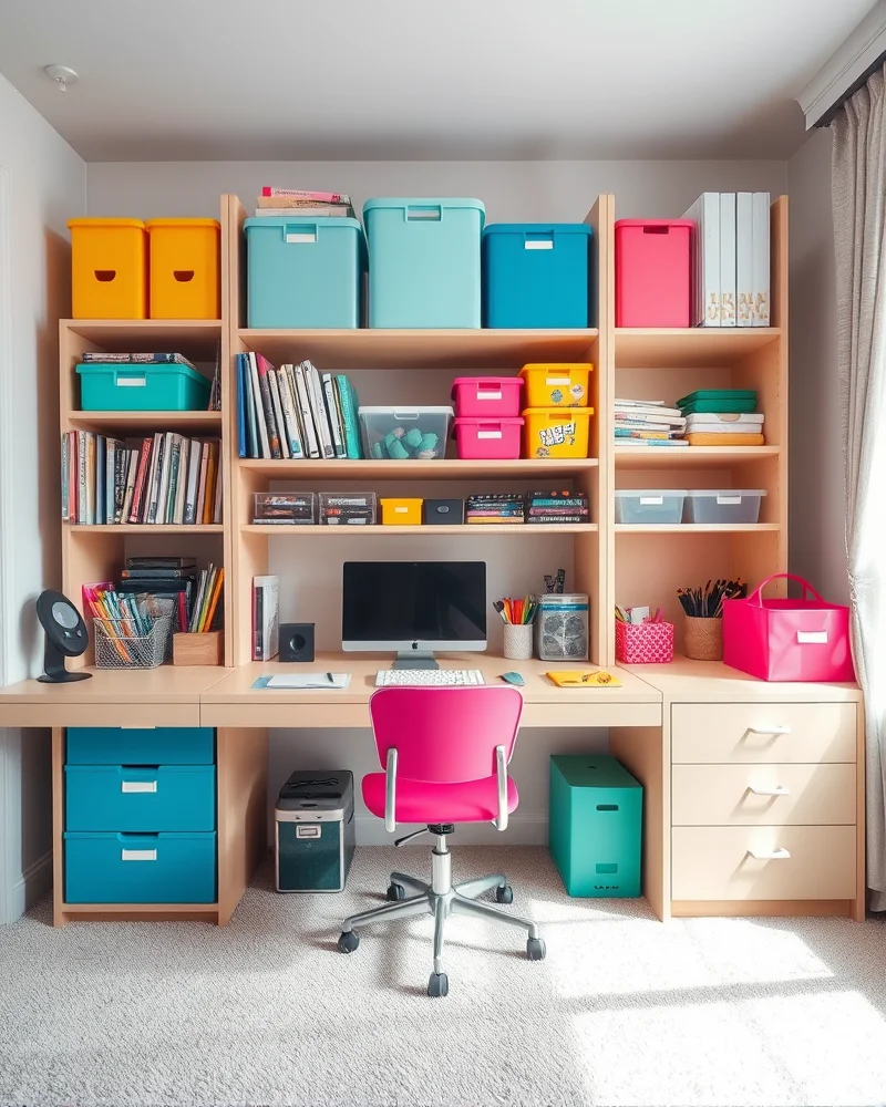 A neat and organized desk area with translucent storage bins and colorful desk accessories, reflecting the organized yet vibrant 2000s style.