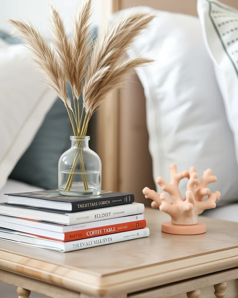 7 Dreamy Ways to Transform Your Bedroom into a Coastal Sanctuary 7 Detailed view of a stylish nightstand with curated coastal decor items and soft lighting.