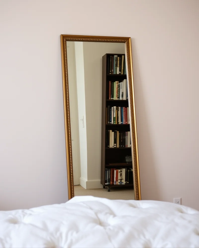 A chic, floor-length brass-framed mirror leaning against a dorm room wall, creating an illusion of more space and light.