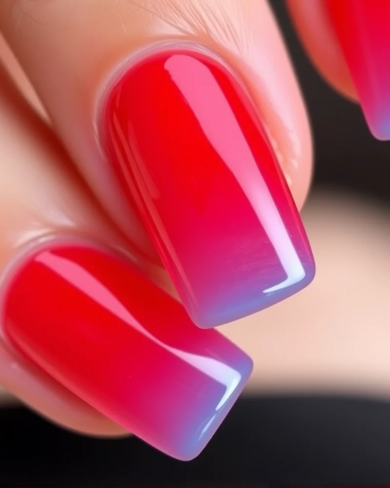 7 Viral 4th of July Nails Simple Ideas That Look Expensive 7 Square nails showcasing a trendy jelly polish look with a soft gradient from sheer red to translucent blue.