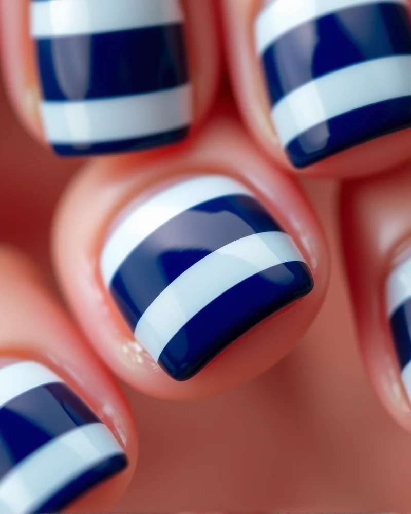7 Viral Short Fourth of July Nails That Look Expensive 7 Short square nails featuring classic horizontal navy and white stripes, accented with a single thin red line for a patriotic nautical look.