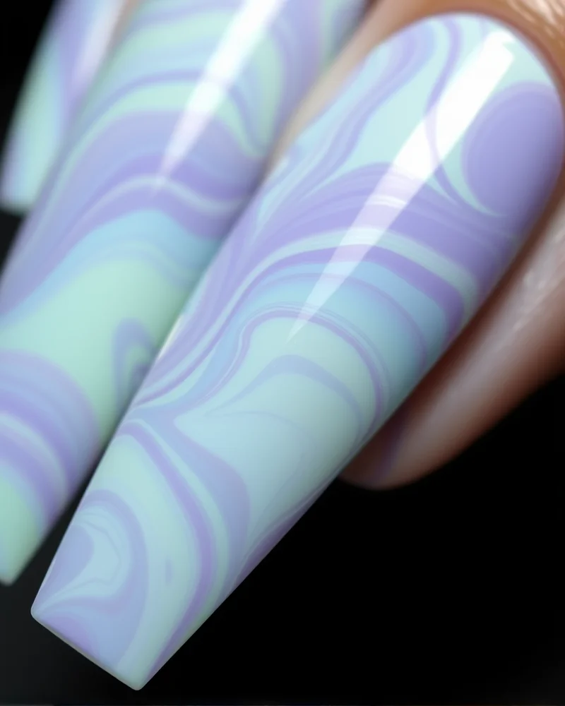 Long coffin nails featuring a multi-colored pastel fluid swirl design.