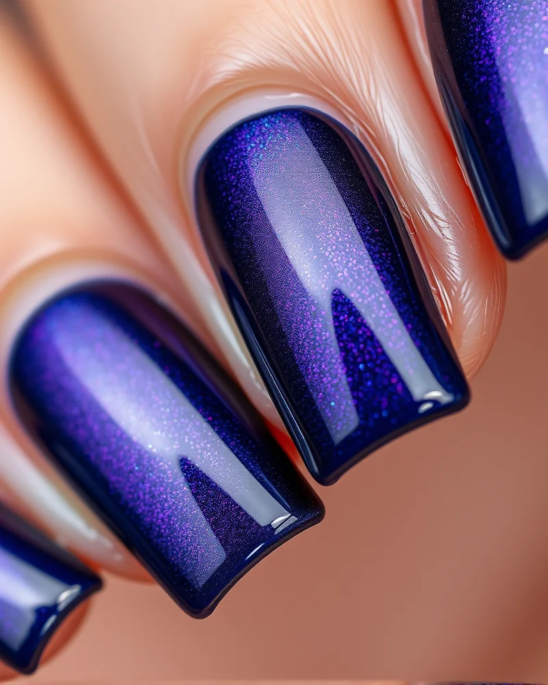 Close-up of square-shaped nails with a luxurious blue magnetic velvet polish that shows a red cat-eye shimmer.