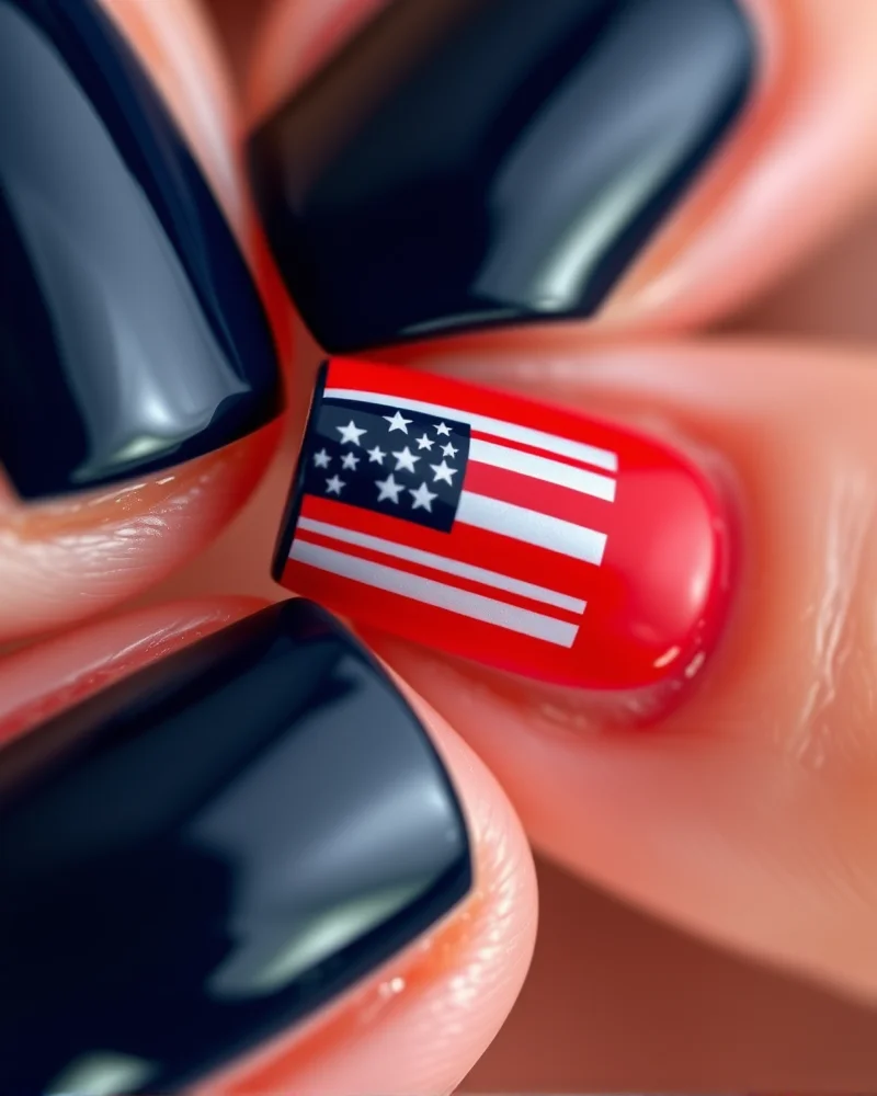 7 Chic Short 4th of July Nails Ideas to Elevate Your Holiday Look 7 A hand with four navy blue nails and one accent nail featuring an intricate star pattern on a red background.