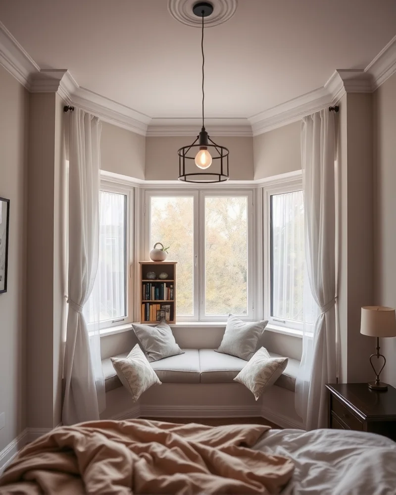 A built-in reading nook within a bedroom, filled with soft cushions and warm lighting, creating a private, magical escape.
