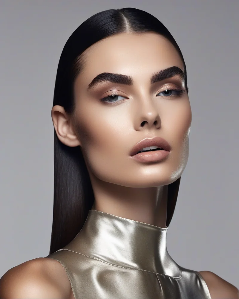 7 Vibrant Mexico Makeup Trends You Need To Try This Season 7 A close-up of a woman with high-shine, dewy skin and thick, perfectly groomed eyebrows, framed by sleek, straight hair.