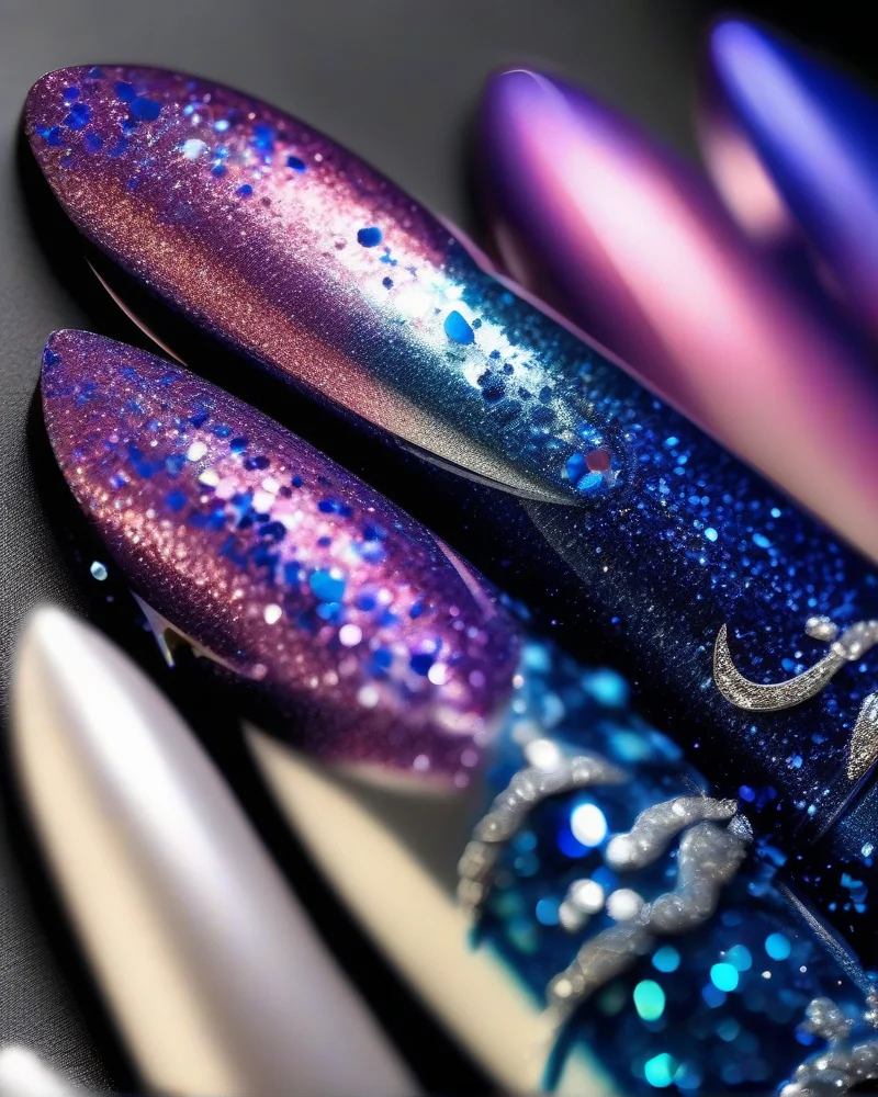 Almond-shaped nails featuring a gradient from deep navy to royal blue, with chunky silver glitter concentrated at the tips to mimic fireworks.