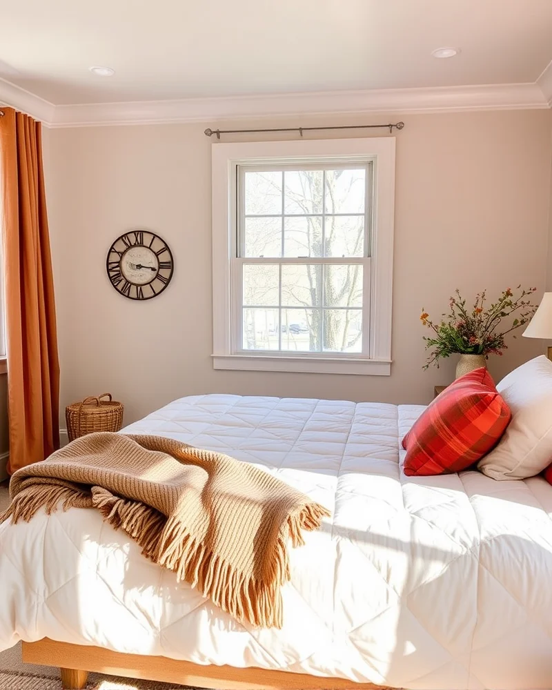 A transition-style bedroom setup featuring a lightweight quilted coverlet layered with warm wool accents to suit seasonal changes.