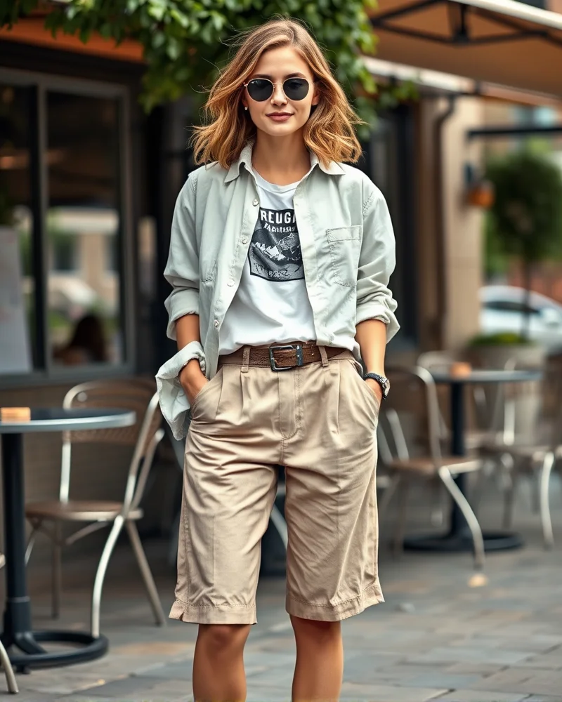 A woman sitting at an outdoor cafe wearing chic linen shorts and a layered shirt, embodying a relaxed brunch style.