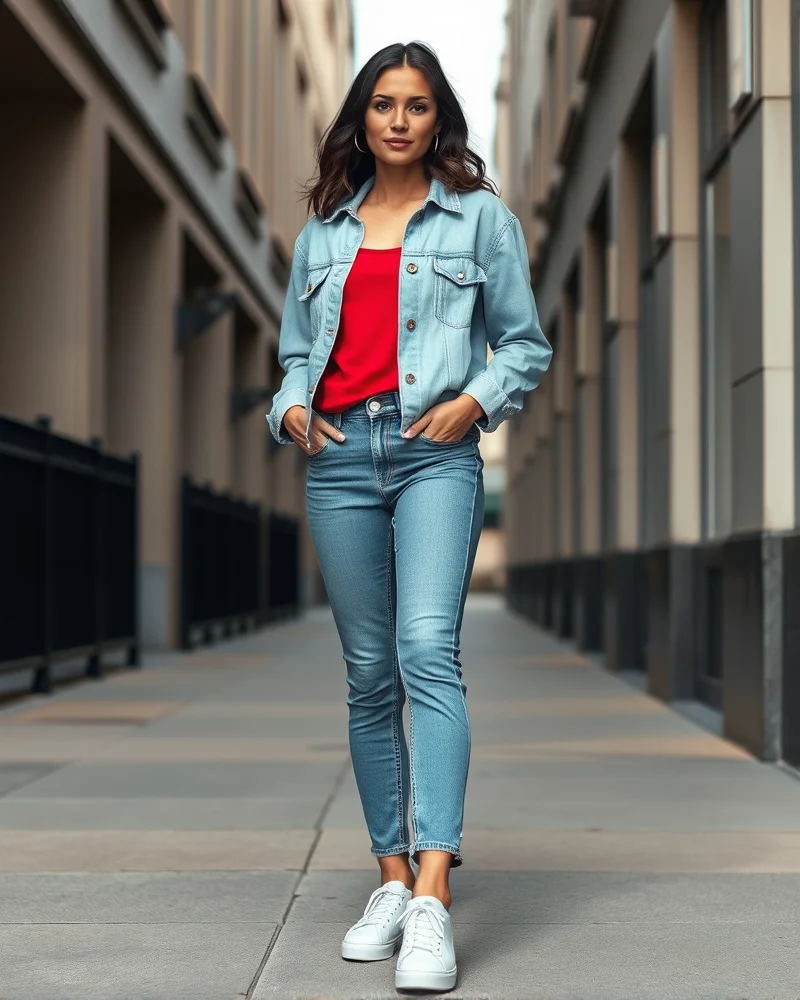 A woman confidently wearing a double-denim outfit, proving that texture and denim-on-denim can be a fashionable choice for baseball games.