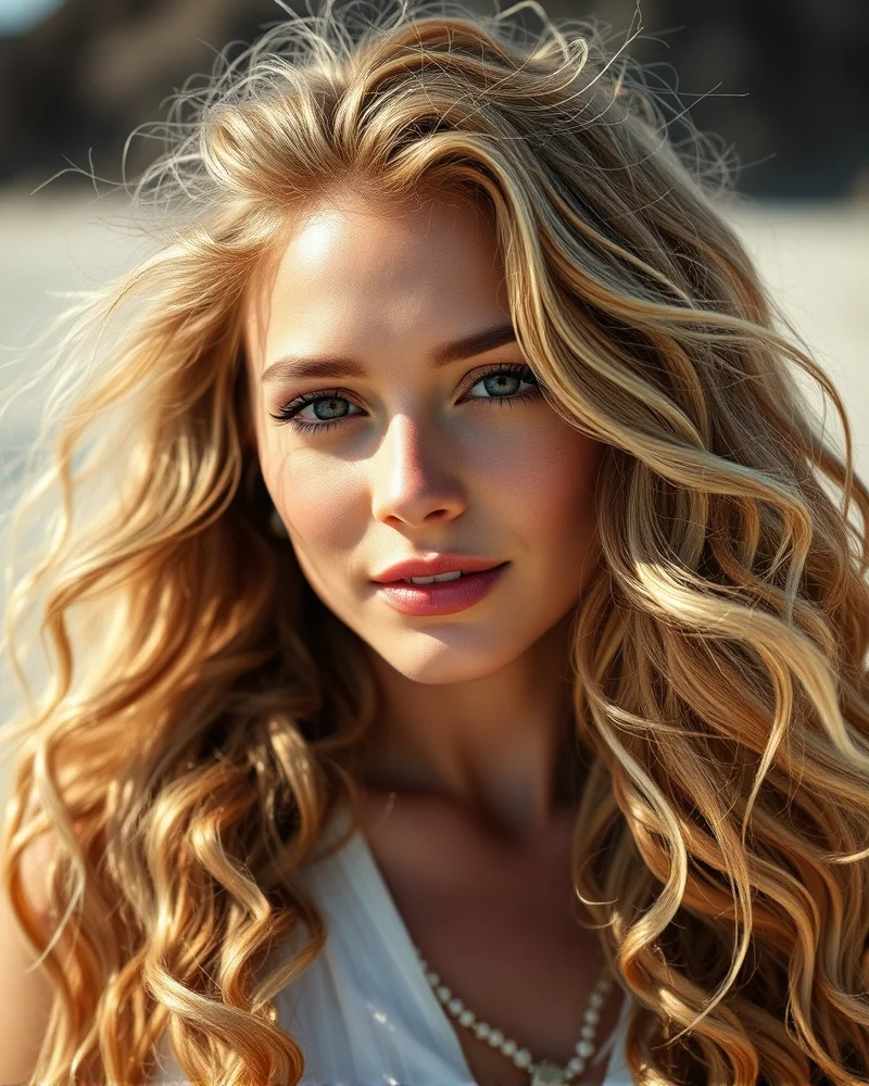 A woman with long, sun-drenched beach-tossed blonde curls and a heavily bronzed, sun-kissed makeup look.