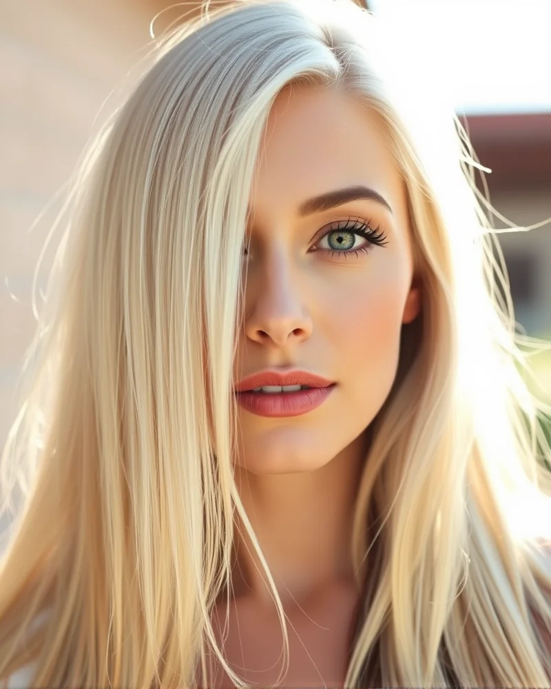 A woman with long hair featuring bright platinum face-framing highlights, creating a soft and luminous look around the face.