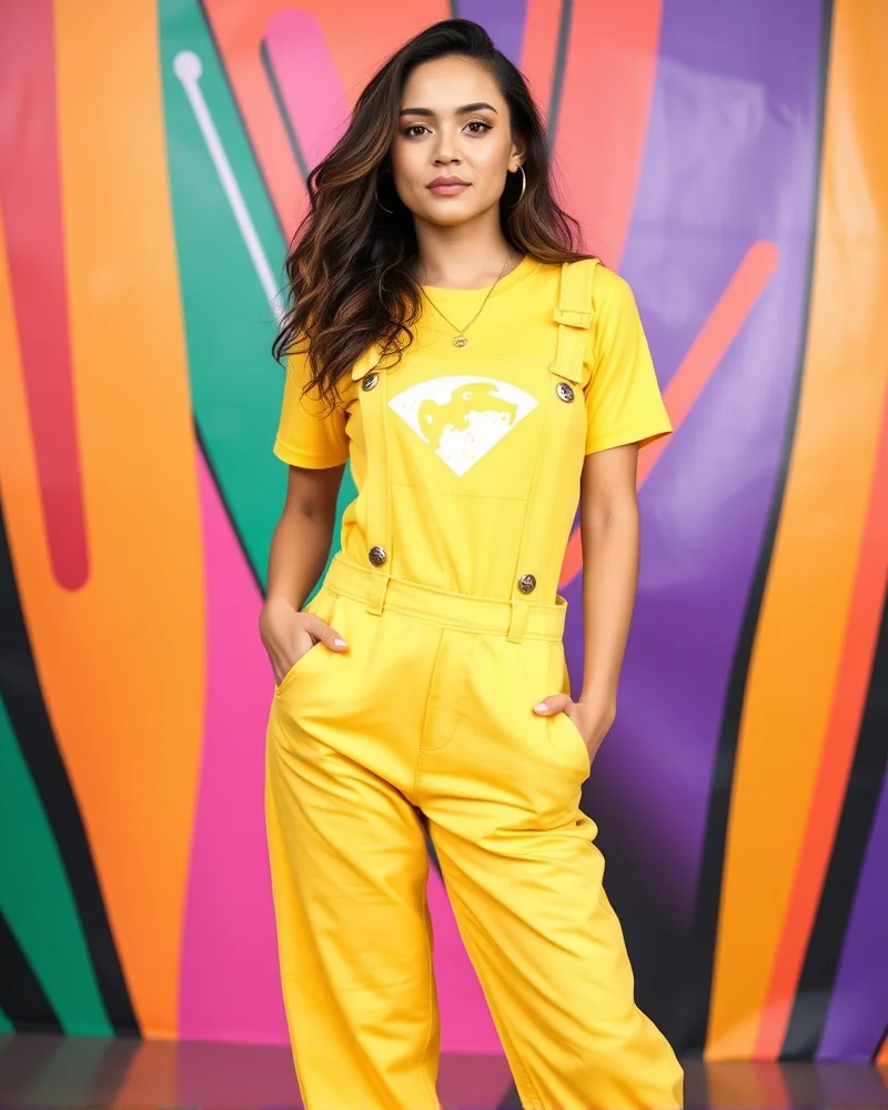 A woman in a playful 90s-inspired outfit featuring yellow overalls and a crop top.