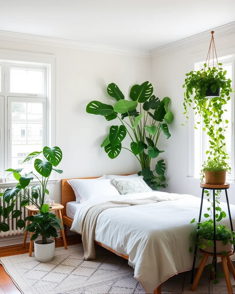 7 Dreamy Newlywed Bedroom Styling Hacks for a Romantic Sanctuary 8 A vibrant and lush bedroom interior filled with various indoor plants, creating a refreshing and organic atmosphere.