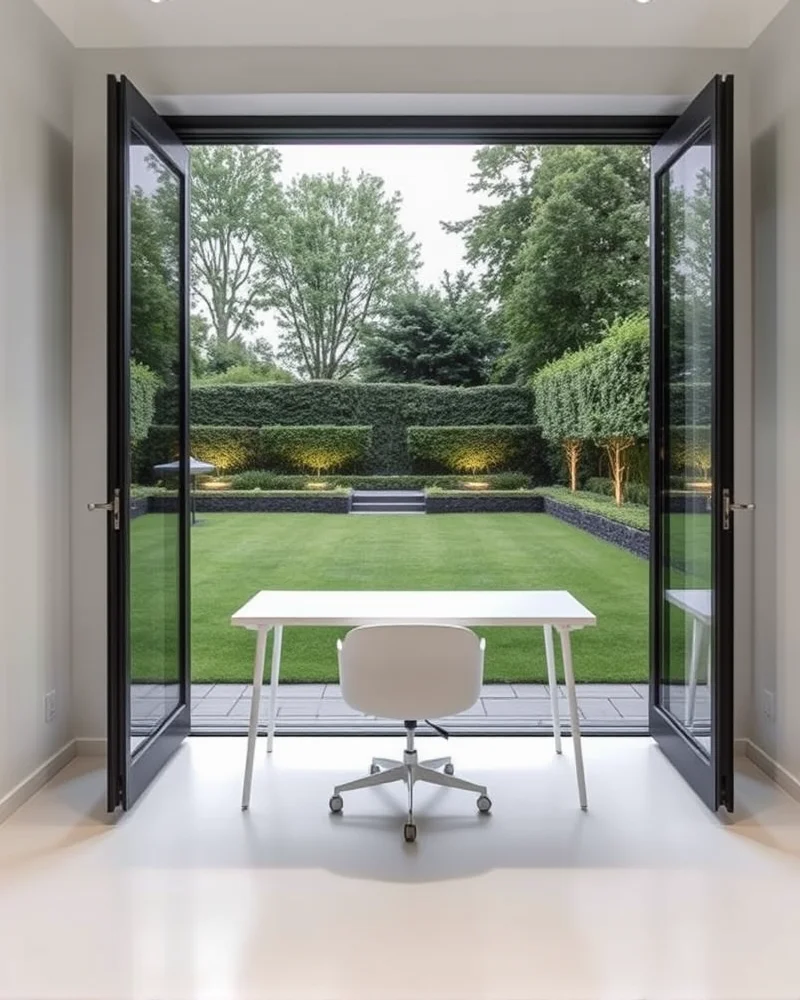 7 Viral Beach Hacks Kids Need for a Stress-Free Summer 8 A minimalist home office with a garden view, styled with clean white furniture and structured landscape lighting.