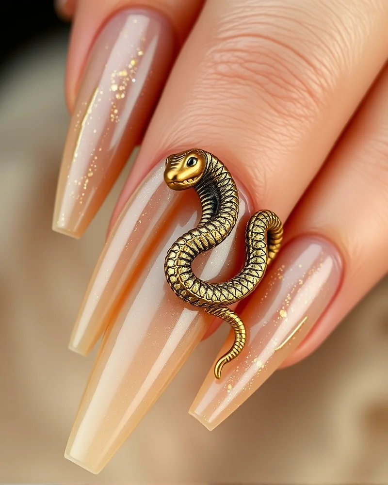 7 Sizzling Snake Nail Designs That Are Taking Over Your Feed 8 Coffin-shaped nails with a shimmering nude base featuring an intricate, gold, 3D snake charm sculpture on the ring finger.