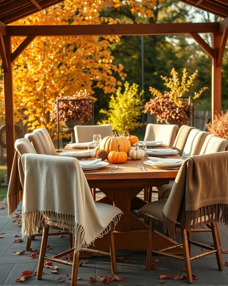 7 Viral Outdoor Dining Area Ideas to Elevate Your Backyard Oasis 8 A cozy outdoor dining area transitionally styled for autumn with warm wool throws, rustic pumpkins, and seasonal decor, set in a garden with changing fall leaves.