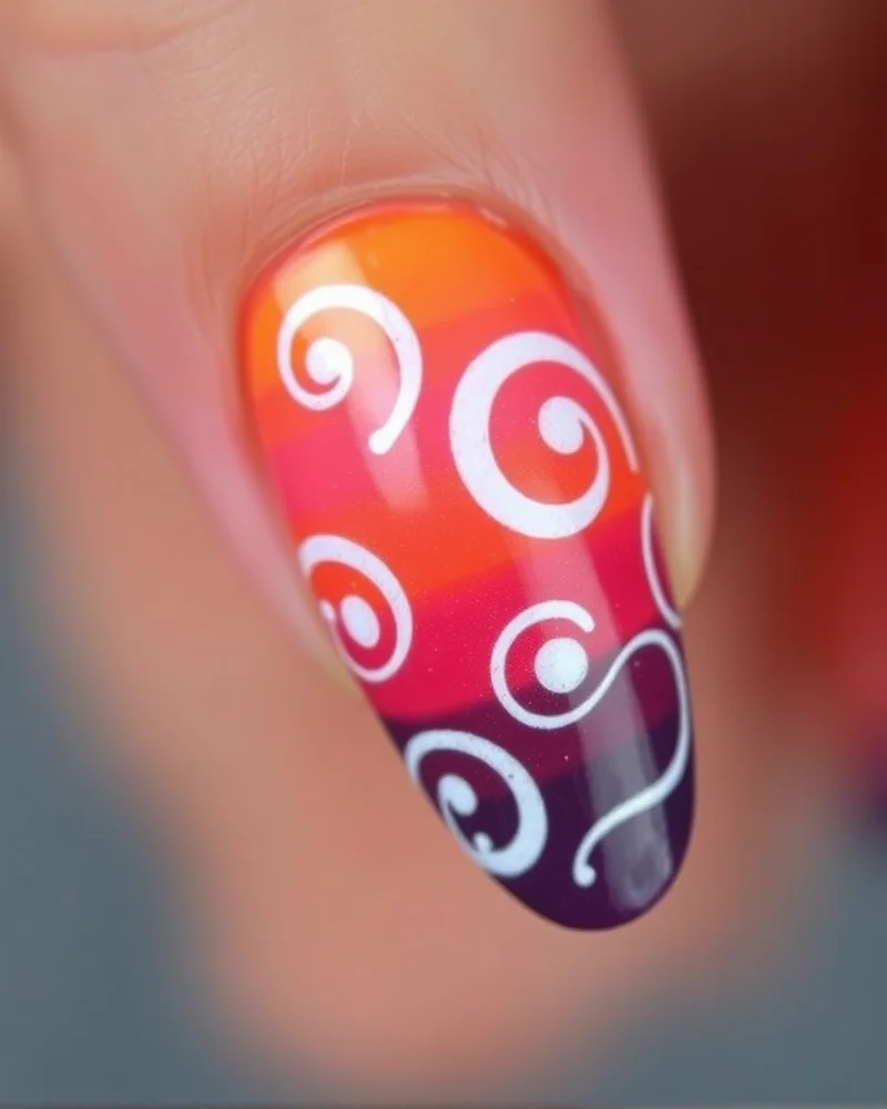 7 Viral Pucci Nails Trends You Need To Try This Season 8 Almond-shaped nails with a vibrant sunset gradient base, topped with white swirling Pucci patterns for a dreamy effect.