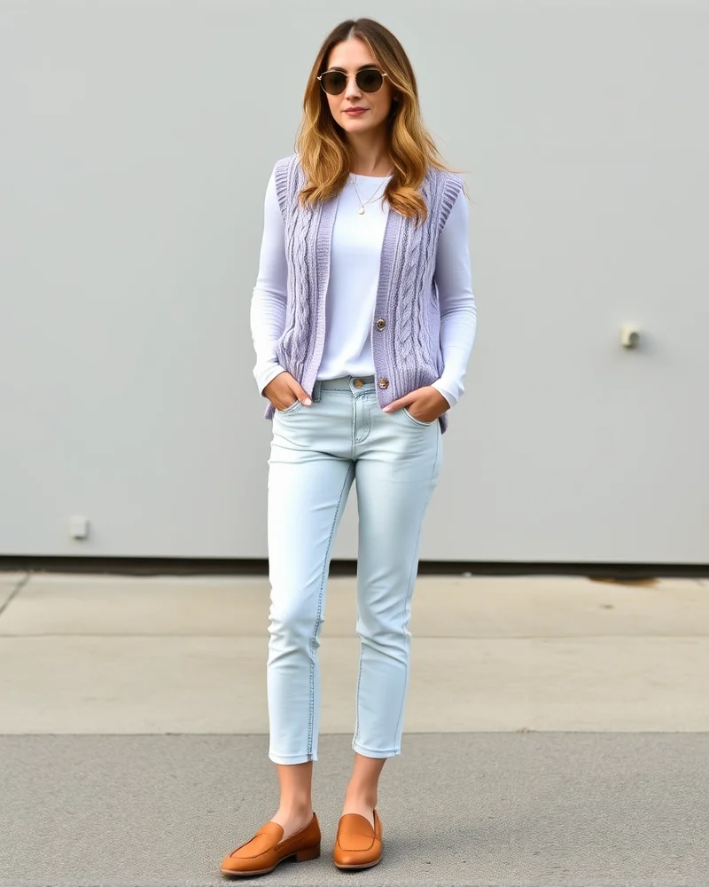 A woman wearing a stylish pastel sweater vest layered over a white tee and jeans, perfect for spring layering.