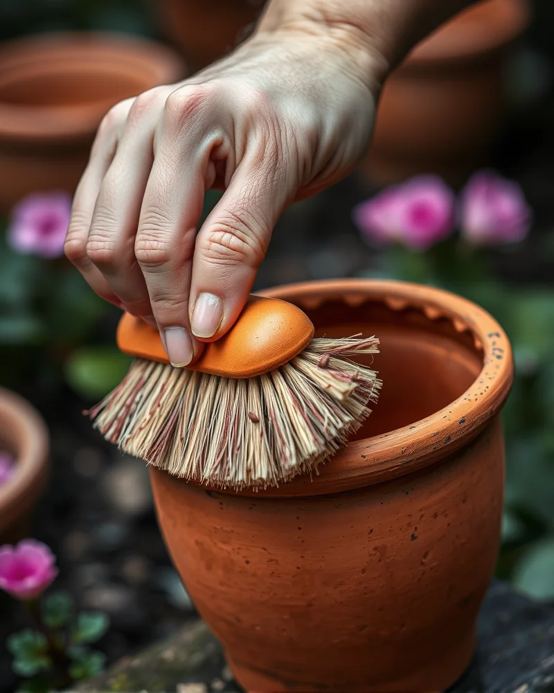 A detailed close-up showing a person gently cleaning a vintage terracotta pot with a soft brush to preserve its historical character.