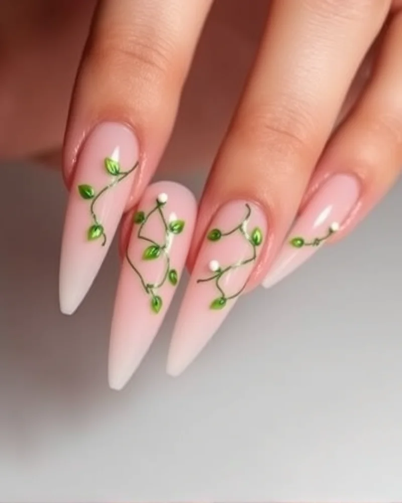 7 Dreamy Cottagecore Nail Designs That Will Define Your Aesthetic This Season 8 Long stiletto nails with delicate, hand-painted green vines and tiny white flower buds curling around the nail.