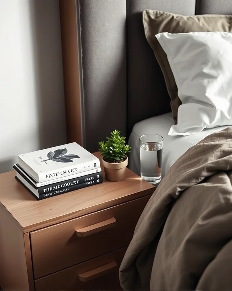 A perfectly styled nightstand adjacent to a comfortable, weighted-blanket-covered bed, emphasizing a clean and organized lifestyle.