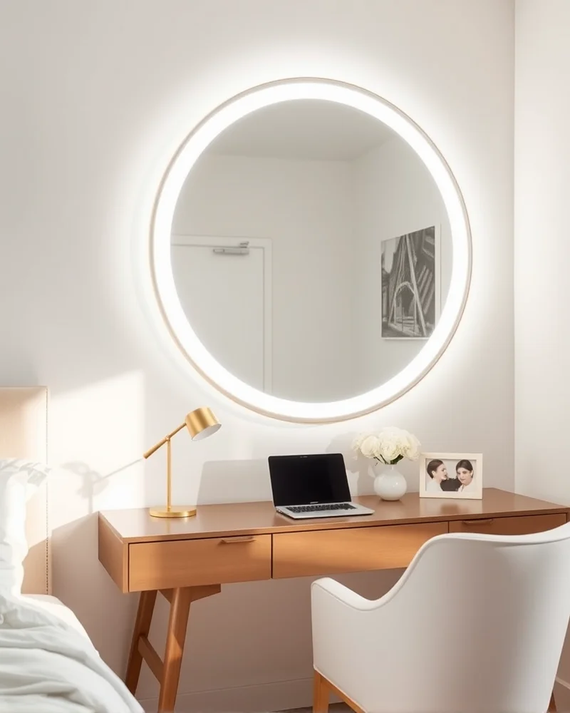 A stylish bedroom vanity mirror with integrated halo lighting that brightens the corner of the room.