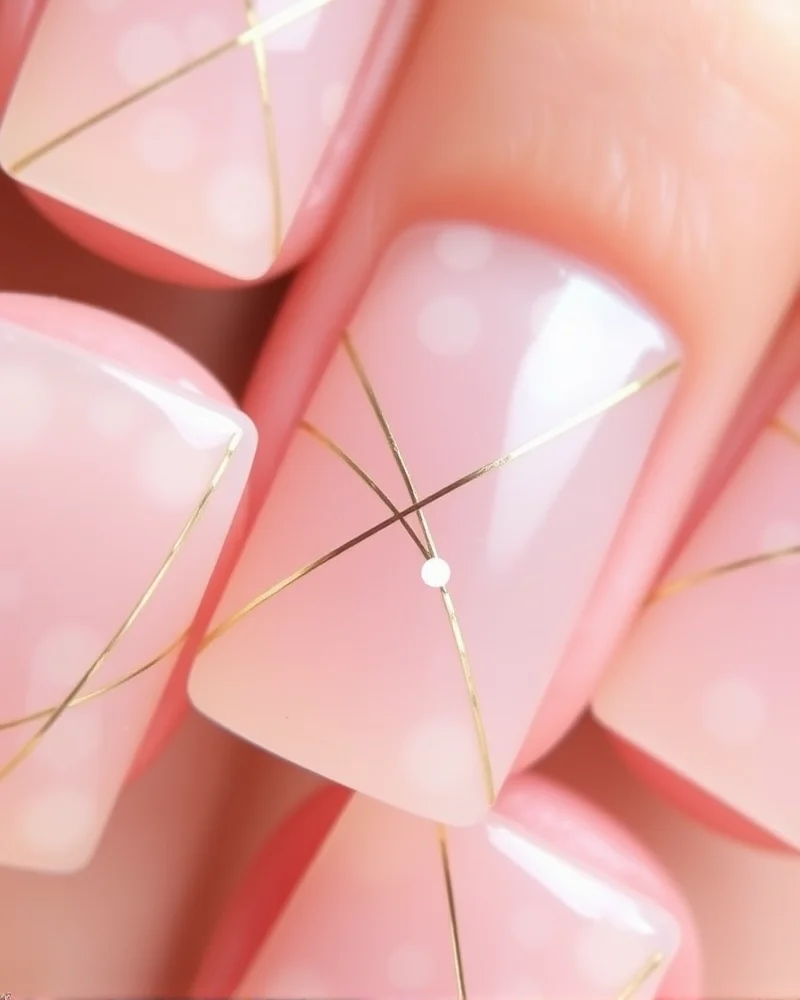 Square nails featuring a clear base with minimalist thin gold lines and a single white dot accent, emphasizing negative space and clean lines.