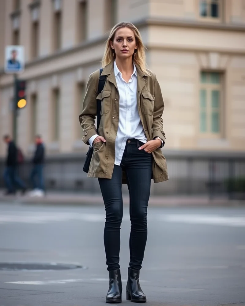 7 Viral Cold Weather Spring Outfits You Need to Copy Right Now 8 A woman models a khaki utility jacket over a white button-down and jeans, accessorized with leather Chelsea boots for a clean, practical spring look.