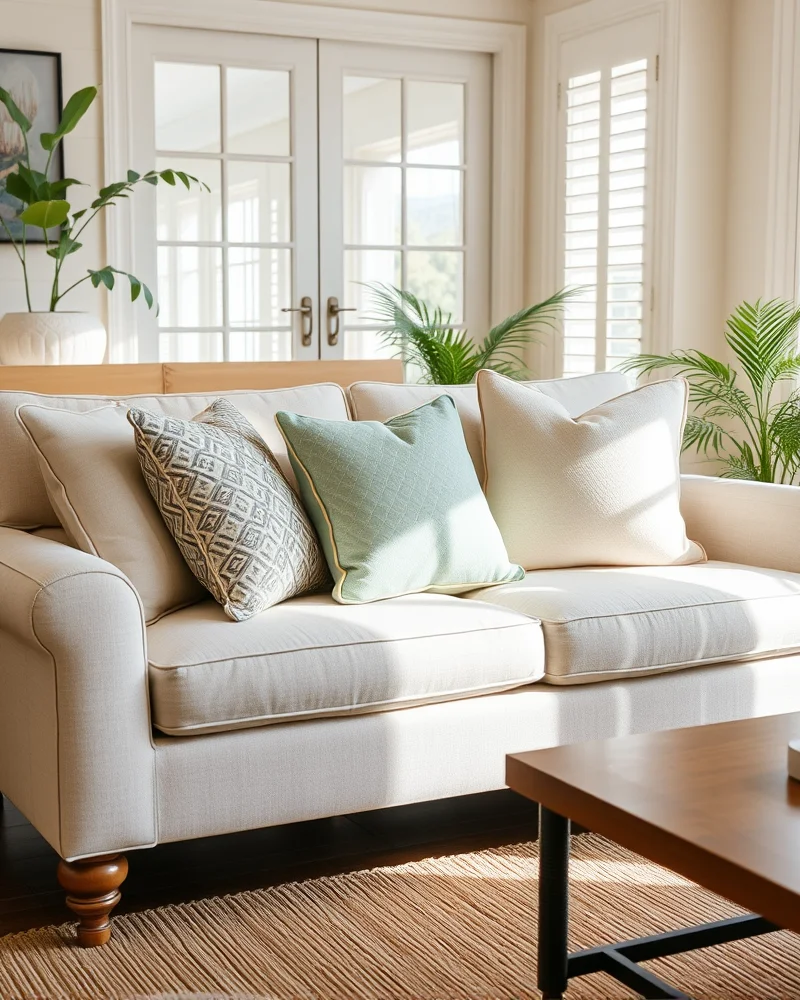 7 Viral Throw Pillow Combinations to Instantly Elevate Your Living Room 8 A sofa styled with five throw pillows arranged in a classic 3-on-one-side, 2-on-the-other-side configuration for perfect balance.