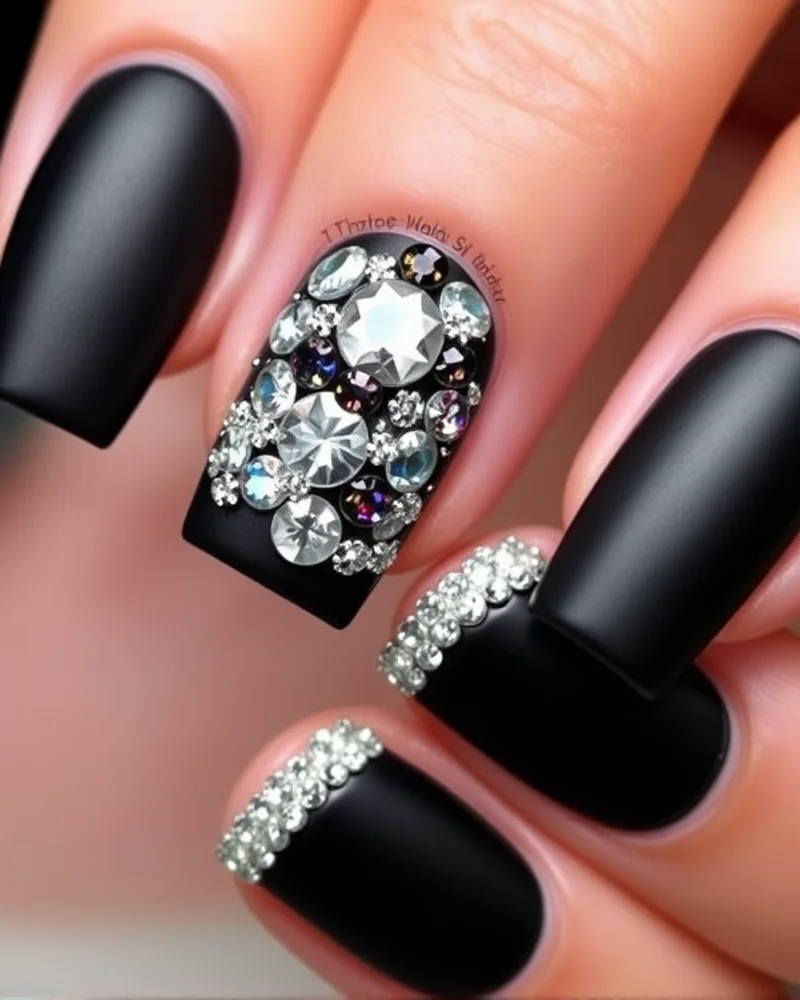 Square nails painted with a matte black base, featuring an opulent cluster of sparkling crystals and rhinestones arranged at the base of the nail.