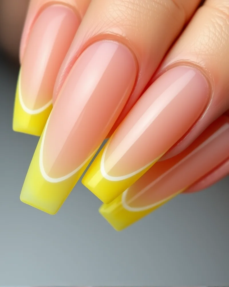 Square nails featuring a traditional nude base with modern neon yellow French tips and delicate white detailing.
